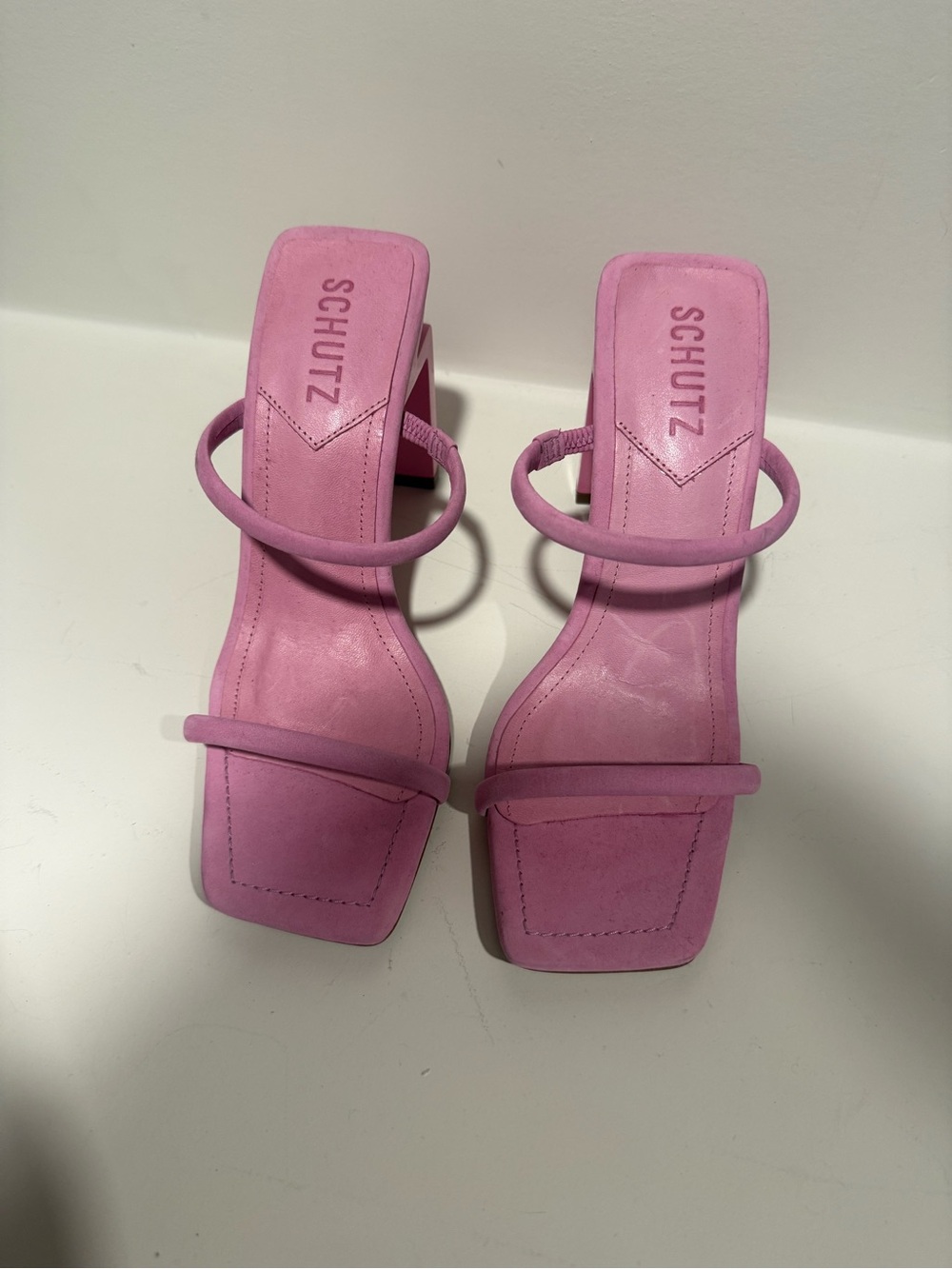 Schutz Pink Strappy Square-Toe Block Heel